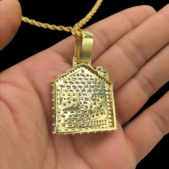 14K Yellow Gold Finish Baguette CZ Trap House - Free 24" x 3mm Rope Chain. - Picture 9 of 9